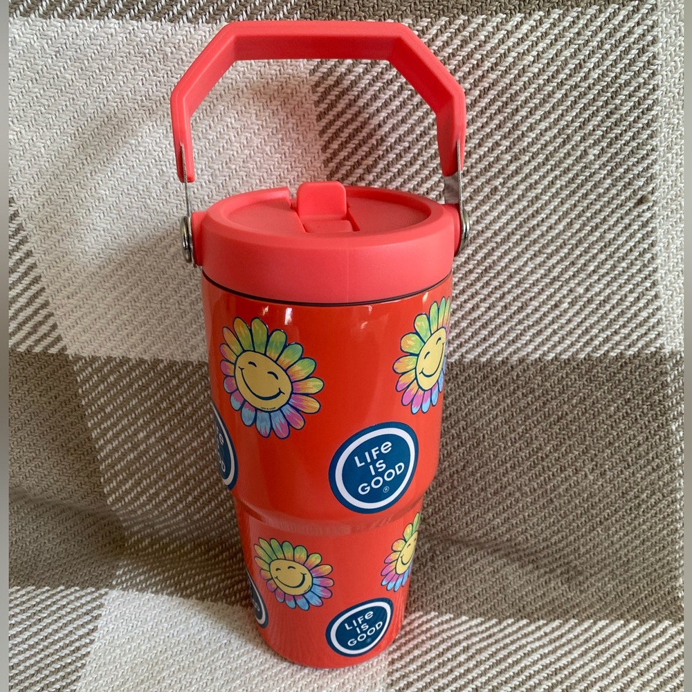 Life Is Good - Coral Stainless Steel Roam Cup with Smiley Rainbow Flower Design